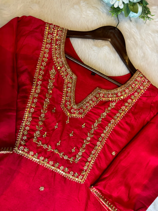 Premium Quality Pure Dola Silk Hand Embroidered Magenta Pink Straight Kurti Pant Dupatta set .