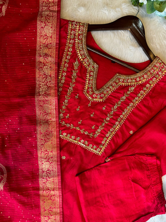 Premium Quality Pure Dola Silk Hand Embroidered Magenta Pink Straight Kurti Pant Dupatta set .