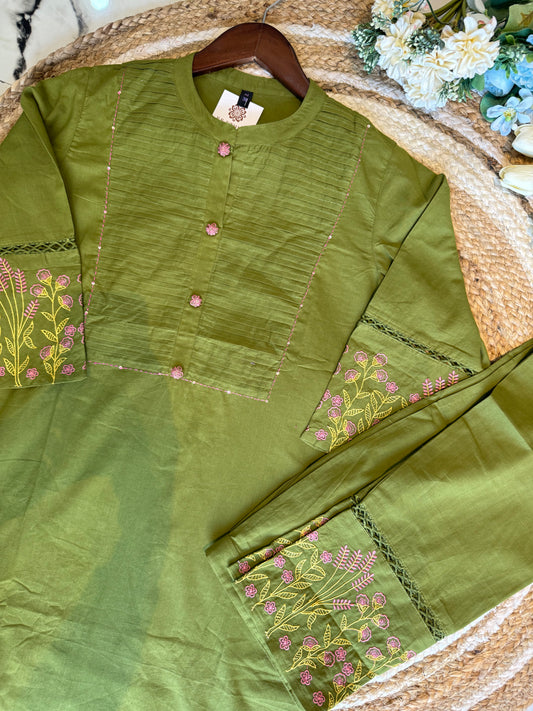 Premium Quality Pure Cotton Embroided Kurta Pant Set.