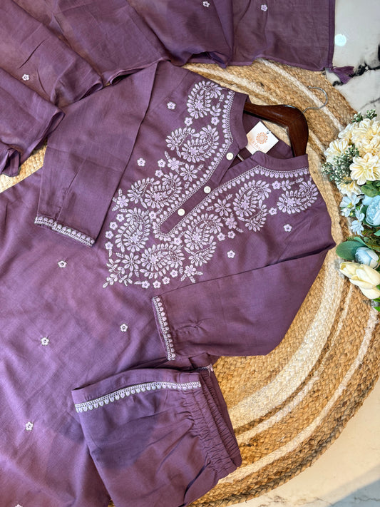 Luxe Threadwork Cotton Kurti Pant Dupatta Set.