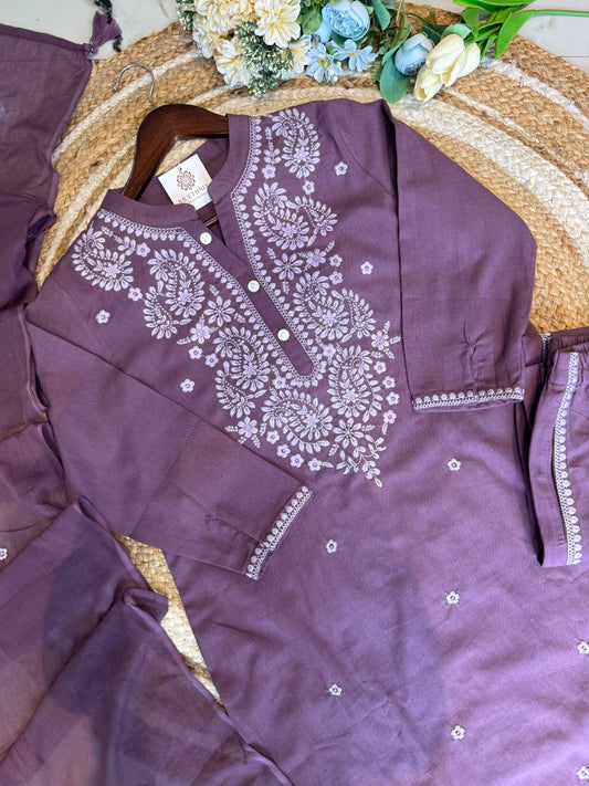 Luxe Threadwork Cotton Kurti Pant Dupatta Set.