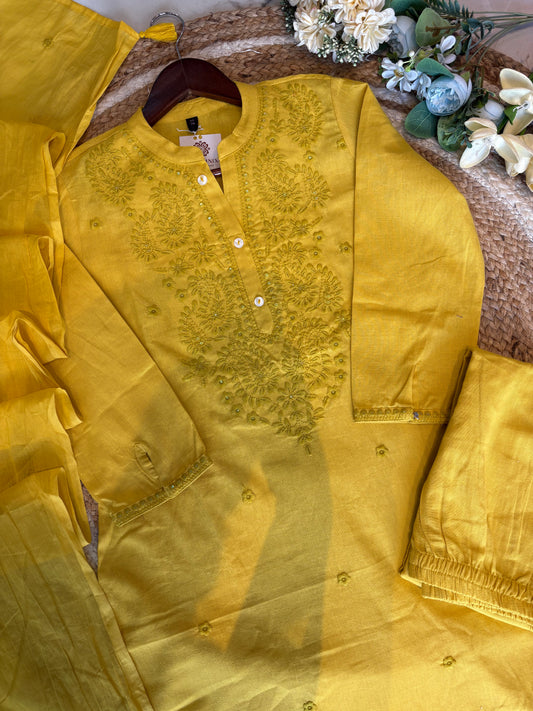 Luxe Threadwork Cotton Kurti Pant Dupatta Set.