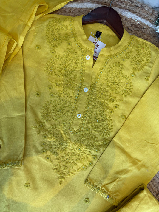 Luxe Threadwork Cotton Kurti Pant Dupatta Set.