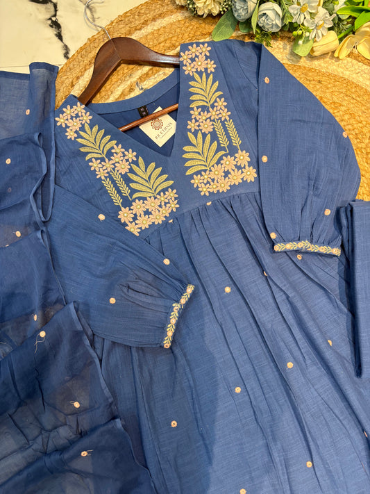 Premium Quality Cotton Slub A-Line Embroidered Kurta Plazo Set With Lining Inside.