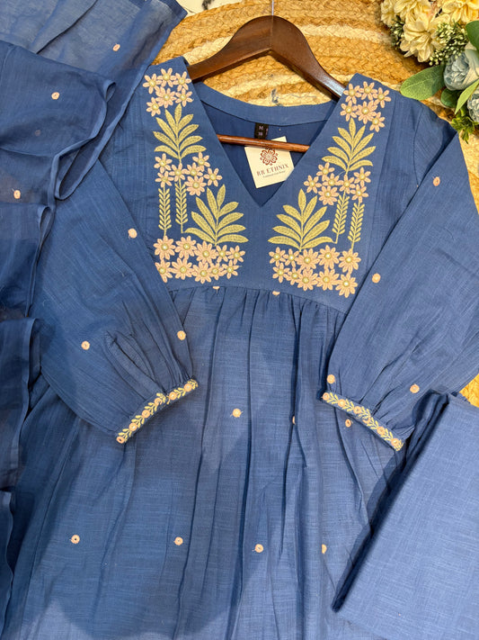 Premium Quality Cotton Slub A-Line Embroidered Kurta Plazo Set With Lining Inside.