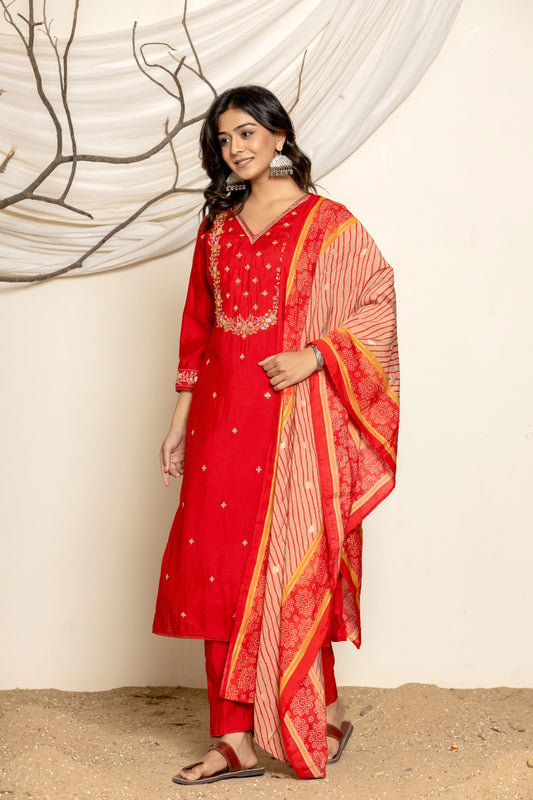 FESTIVE RED SPECIAL MODALE SILK KURTI WITH YOLK EMBROIDERY AND HANDWORK WITH LEHRIYA PRINTED DESIGNER DUPATTA WITH MODALE SILK PANTS