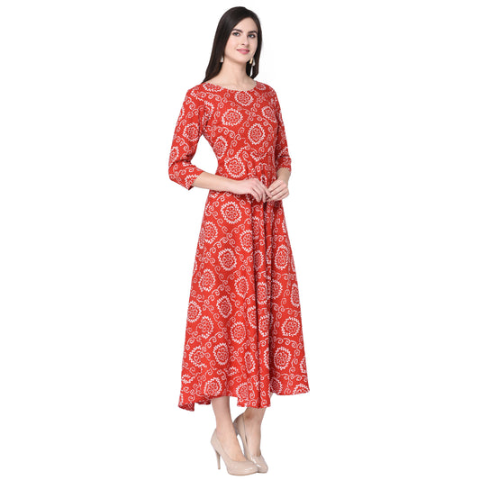 Premium Quality Heavy Rayon Full Flared Bandhani Print Red Anarkali Kurti