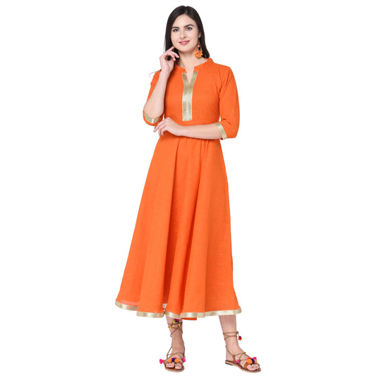 Premium Quality Heavy Rayon Orange Full Flared Anarkali Kurti With Gota Patti Lace Detailing.