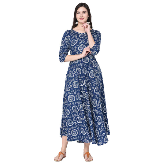 Premium Quality Heavy Rayon Full Flared Bandhani Print Blue Anarkali Kurti