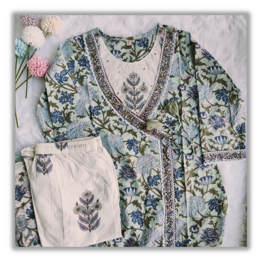 Premium quality Cotton Block Print Embroided Angarakha Style Kurti Pant Dupatta set.