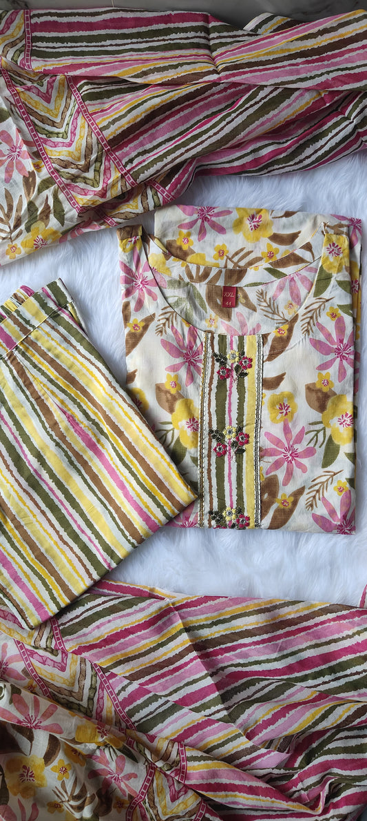 Beautiful Premium Cotton Straight kurti Pant Dupatta set.