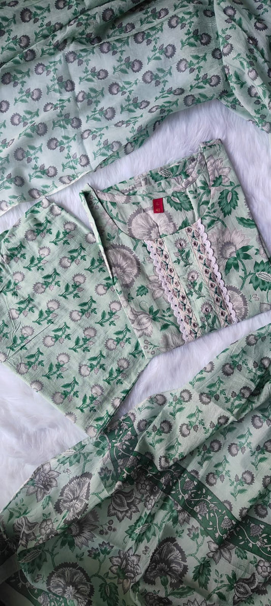 Beautiful Premium Cotton Straight kurti Pant Dupatta set.
