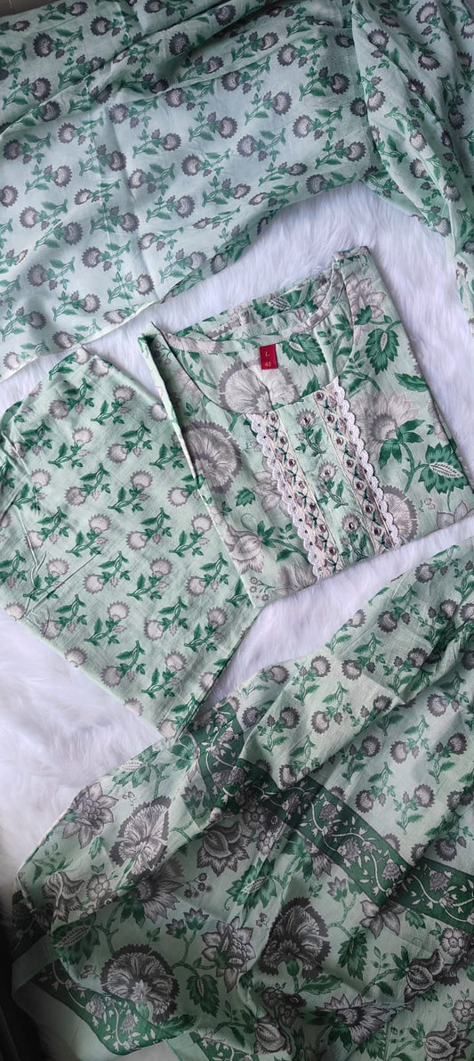 Beautiful Premium Cotton Straight kurti Pant Dupatta set.