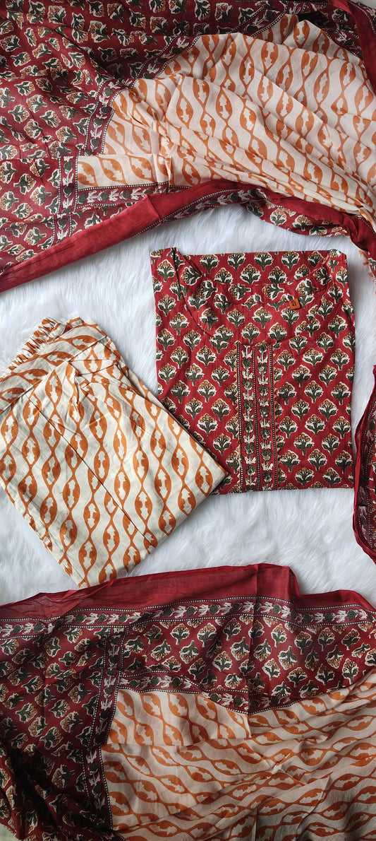 Beautiful Premium Cotton Straight kurti with Afgani Pant Dupatta set.