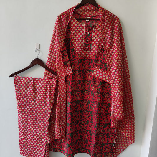 Premium quality Cotton Kalamkari Print Kurti Pant Dupatta set.