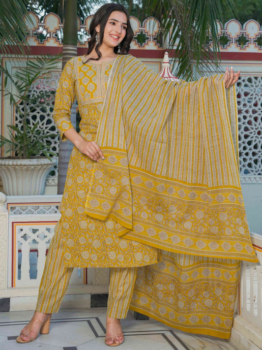 Premium quality Cotton Kalamkari Print Kurti Pant Dupatta set.