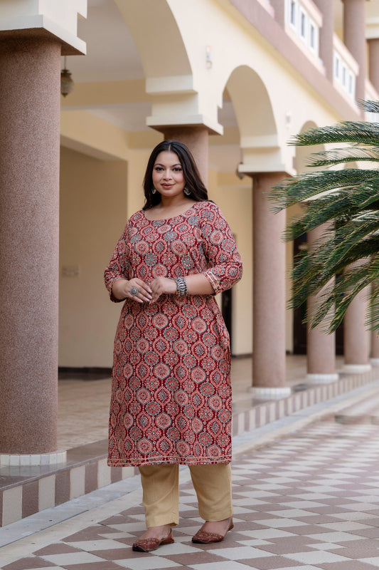 Maroon Straight Kurti With Paisley Print Design.