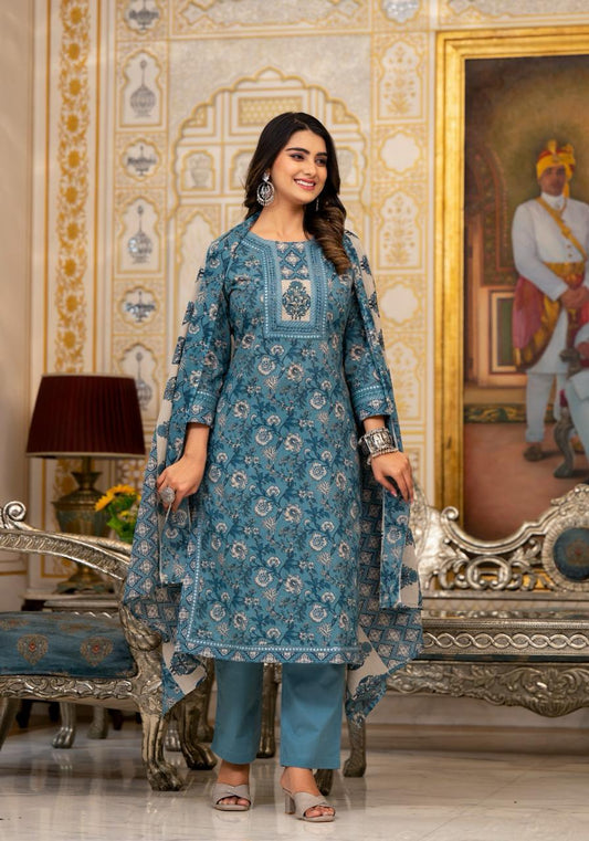 Premium quality Cotton Kalamkari Print Kurti Pant Dupatta set.