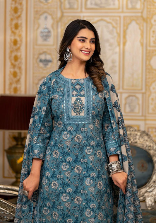 Premium quality Cotton Kalamkari Print Kurti Pant Dupatta set.