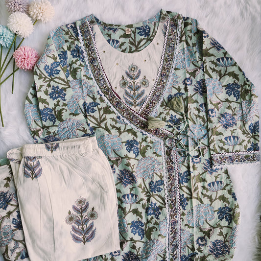 Premium quality Cotton Block Print Embroided Angarakha Style Kurti Pant Dupatta set.