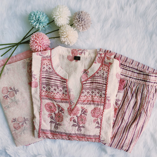 RR_ETHNIX NEW ARRIVALS Premium Pure Cotton Embroided Straight Kurti Pant Dupatta set.