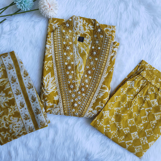 Premium quality Pure Cotton Discharge Print Straight V Neck Kurti Pant Dupatta set.