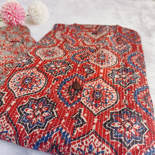 Premium quality Cotton Ajrakh Print Princess Cut A Line Kurti Pant set.