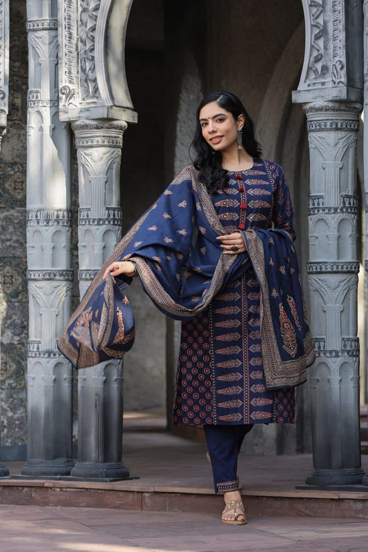 Premium quality Indigo Blue Colour Pure Cotton Block Print Straight Kurti Pant Dupatta Set