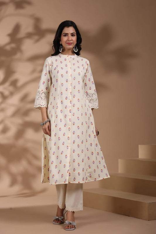 Premium quality Ivory and Lavender Floral Printed Kurti Pant Set
