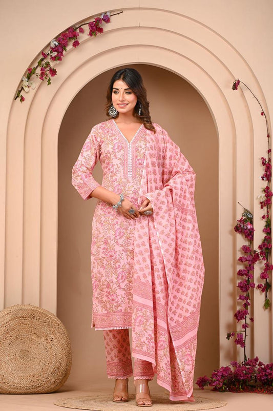 Premium quality Pure Cotton Kalamkari Print Straight V Neck Kurti Pant Dupatta set.