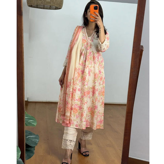 Premium quality Pure Cotton Embroidered A-line Kurti Pant Dupatta Set.