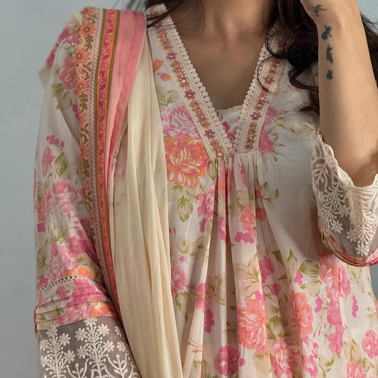Premium quality Pure Cotton Embroidered A-line Kurti Pant Dupatta Set.