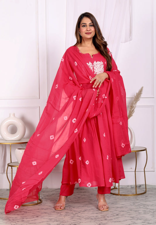 Premium Quality Pure Mul Cotton Bandhani Print Embroided Anarkali Kurti Pant Dupatta Set With Mul Cotton Lining Inside.