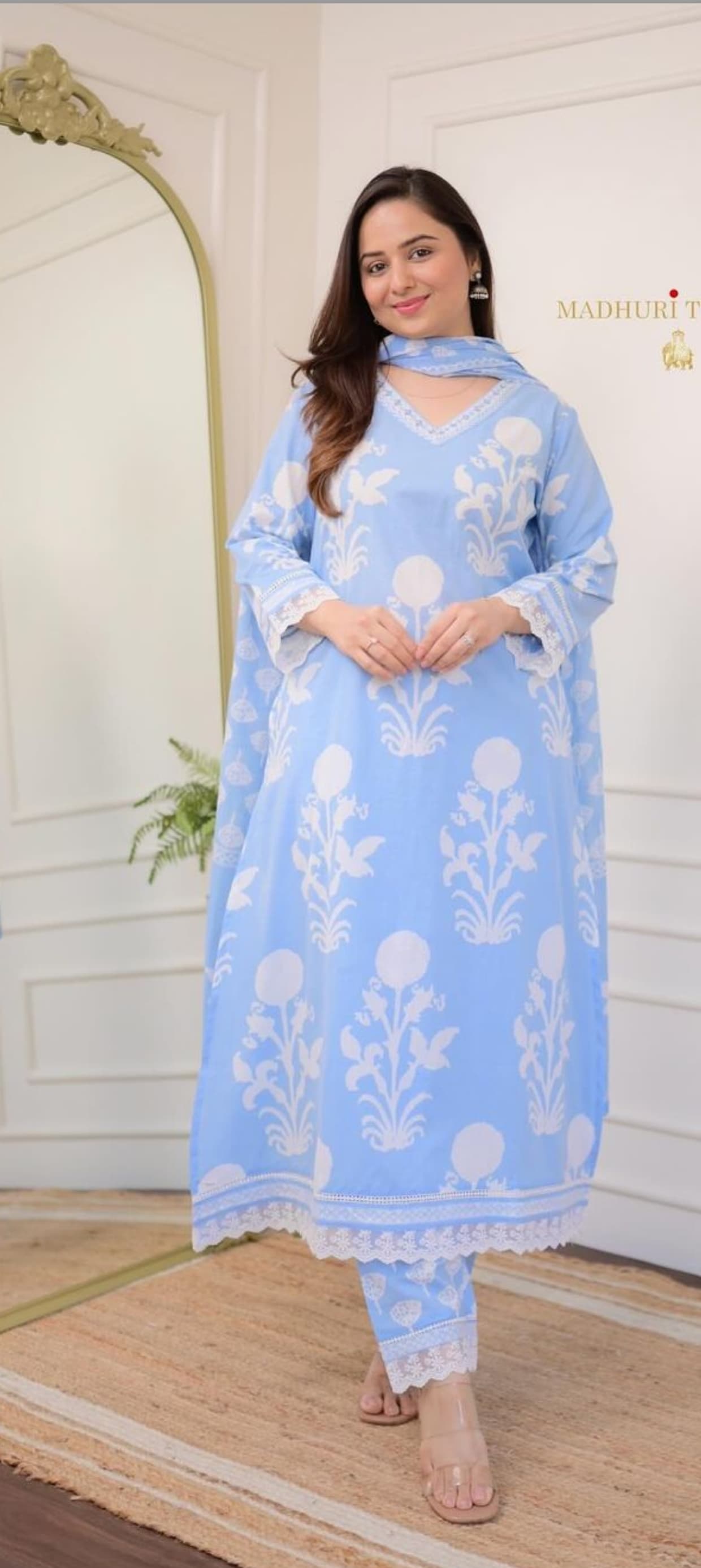 Hand outlet block cotton kurta in blue color with lace detailings with cotton dupatta and cotton printed pants