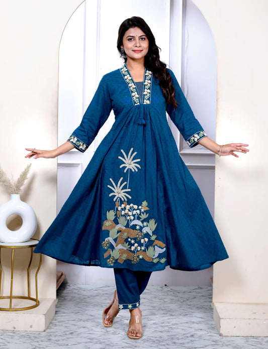 Premium Quality Pure Dobby Cotton Embroided Anarkali Pant With Dupatta Set.