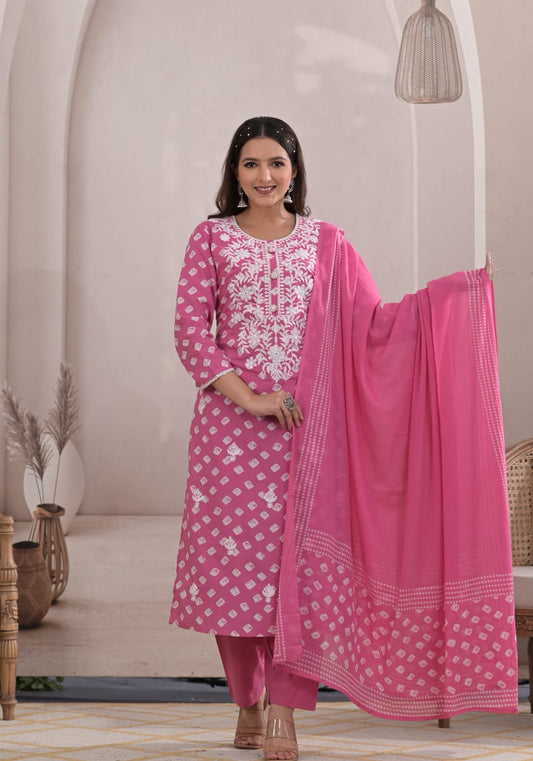 Premium Quality Pure Cotton Kurti Pant Dupatta Set With Chickenkari Embroidery and Bandhani Print.