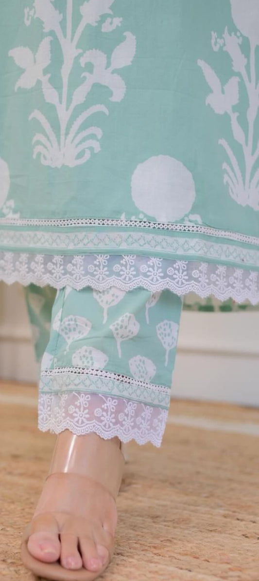 Premium Quality Mul Cotton Handwork A-Line Crochet Lace Work Double Pockets In Kurta Hand Block Kurti Pant dupatta Set