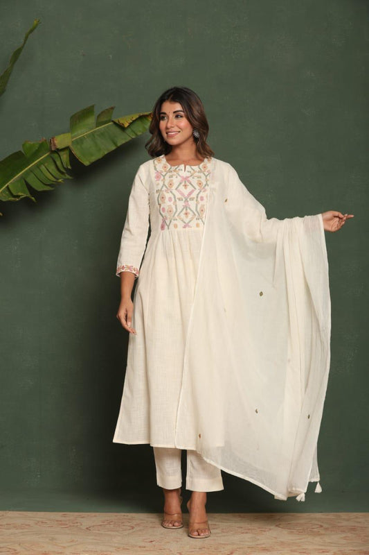 Luxe Pure Cotton Slub  A-Line Embroidered  Kurti Pant With Mul-Cotton Dupatta.