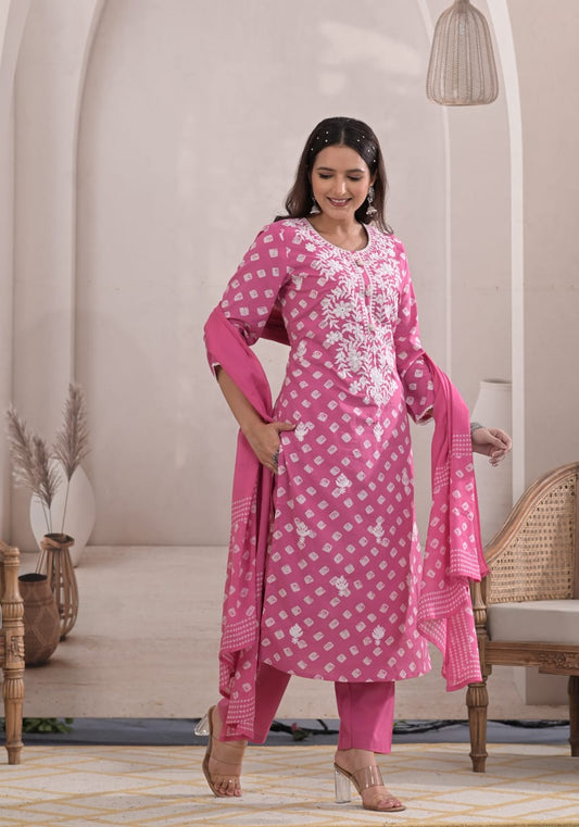 Premium Quality Pure Cotton Kurti Pant Dupatta Set With Chickenkari Embroidery and Bandhani Print.