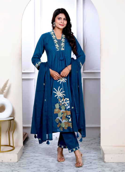 Premium Quality Pure Dobby Cotton Embroided Anarkali Pant With Dupatta Set.