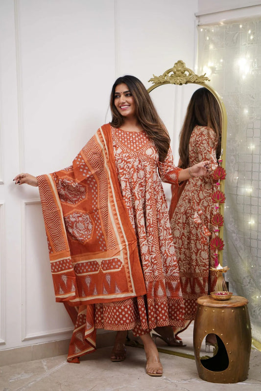 Beautiful Cotton Angarakha Anarkali Kurti Pant Dupatta Set