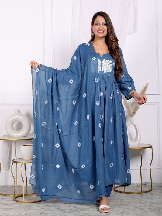 Premium Quality Pure Mul Cotton Bandhani Print Anarkali Kurti Pant Dupatta Set With Mul Cotton Lining Inside