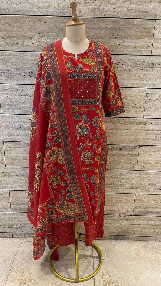 Premium Quality Pure Cotton Block Printed Embroided Kurti Pant Dupatta Set.