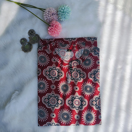 Premium Quality Pure Cotton Red Ajrakh Print Straight Kurti.