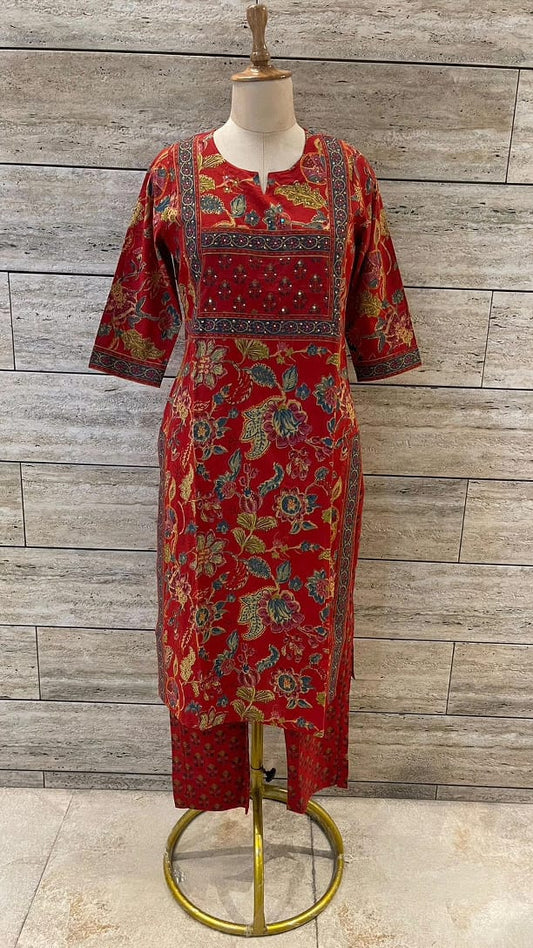 Premium Quality Pure Cotton Block Printed Embroided Kurti Pant Dupatta Set.