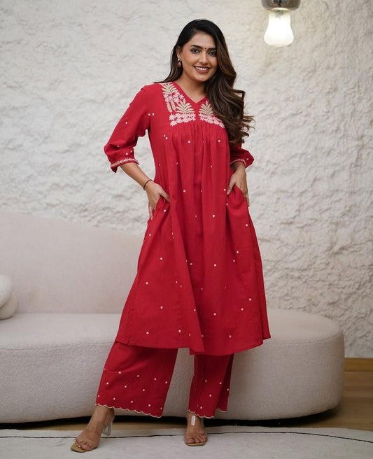 Premium Quality Cotton Slub A-Line Embroidered Kurta Plazo Dupatta Set With Lining Inside.