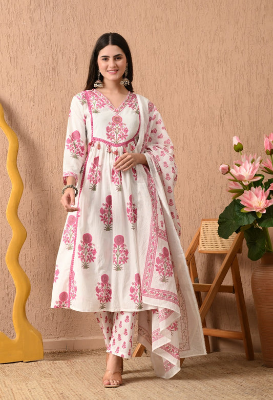 Premium Pure Cotton Block Printed Anarkali With Handwork With Printed Pants And Kota Doriya Dupatta