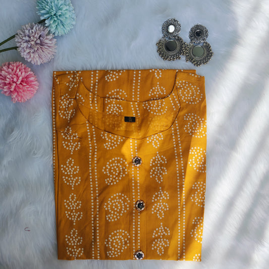 Premium Quality Rayon  Mustard Yellow Bandhani Print Straight Kurti