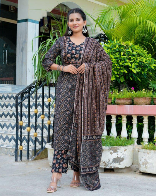 Premium Quality Pure Cotton V-neck Neck Ajrakh Printed Kurti Pant Dupatta set.