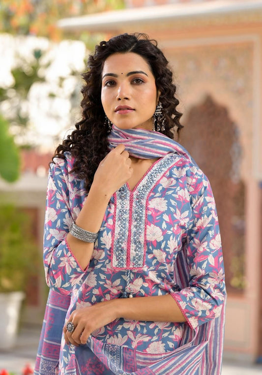 Pure Cotton Embroided V Neck Floral Print Kurti Pant Dupatta Set.